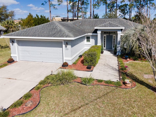 view of front of home featuring a garage, a front lawn, concrete driveway, and stucco siding