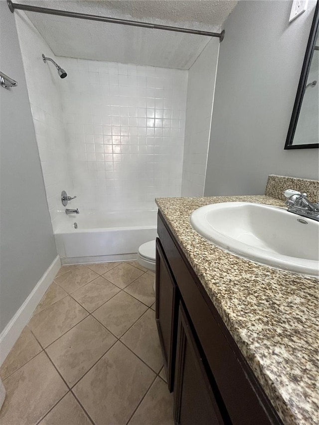 full bathroom with a textured ceiling, toilet, shower / bath combination, vanity, and tile patterned floors