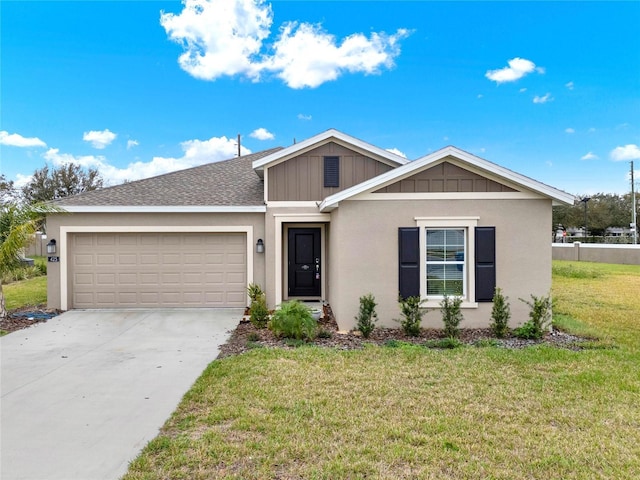 ranch-style house with a shingled roof, concrete driveway, board and batten siding, a garage, and a front lawn