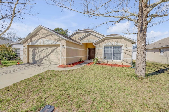 view of front of house with a garage, a front lawn, concrete driveway, and stucco siding