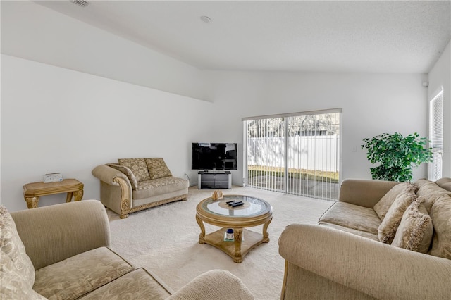 carpeted living room with lofted ceiling