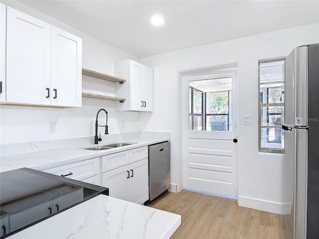 kitchen featuring white cabinetry, stainless steel appliances, sink, and light stone counters