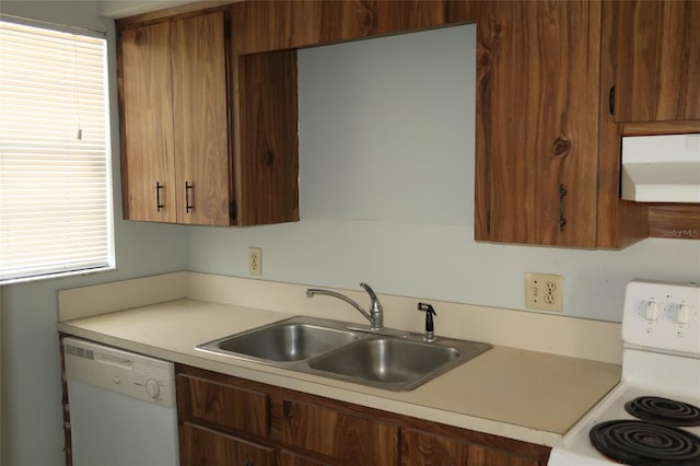 kitchen featuring dishwasher, stove, range hood, light countertops, and a sink