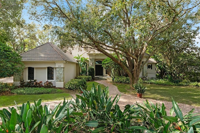 view of front of property featuring a tile roof, a front lawn, and stucco siding