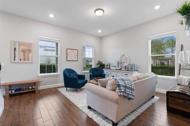 living room with a textured ceiling and dark hardwood / wood-style floors