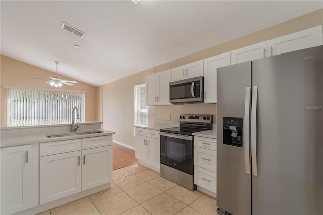 kitchen featuring stainless steel appliances, a sink, visible vents, white cabinets, and light countertops