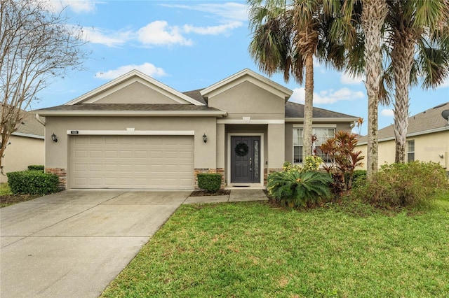 ranch-style house with a garage, a front yard, driveway, and stucco siding