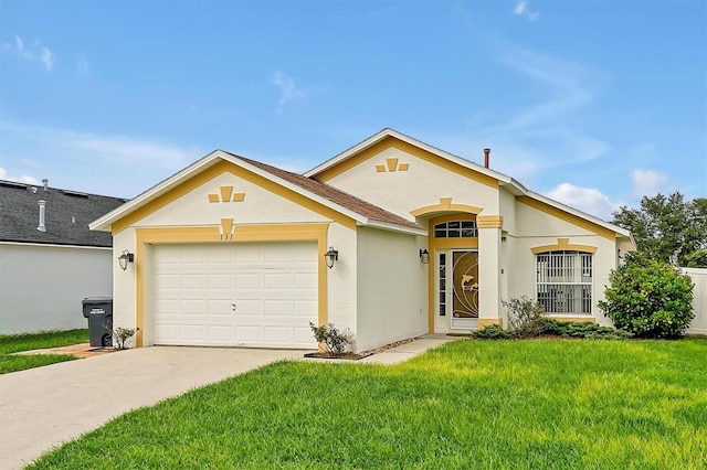 single story home with a front yard and a garage