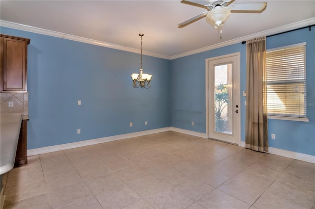 unfurnished room featuring ceiling fan with notable chandelier, light tile patterned floors, and crown molding