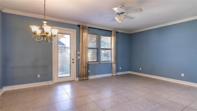 spare room with ceiling fan with notable chandelier, light tile patterned floors, and ornamental molding