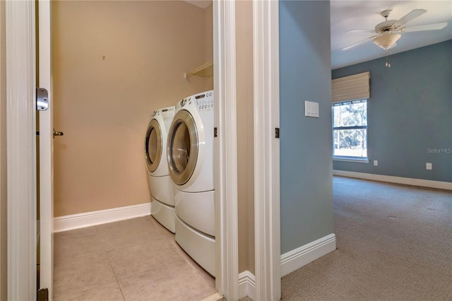 washroom with light tile patterned floors, ceiling fan, and separate washer and dryer