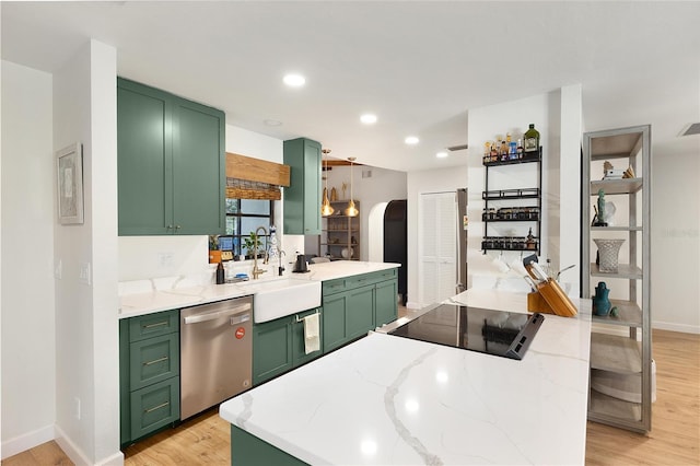 kitchen with green cabinetry, light hardwood / wood-style flooring, black electric cooktop, light stone counters, and dishwasher