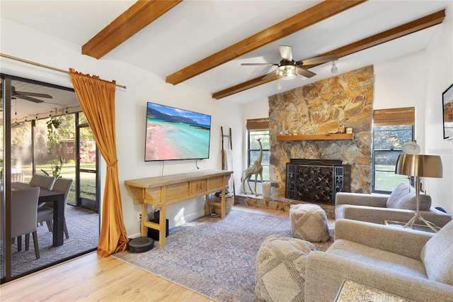 living room with a fireplace, wood-type flooring, and a wealth of natural light