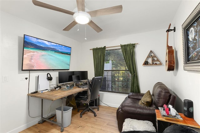 office area with ceiling fan and light hardwood / wood-style floors