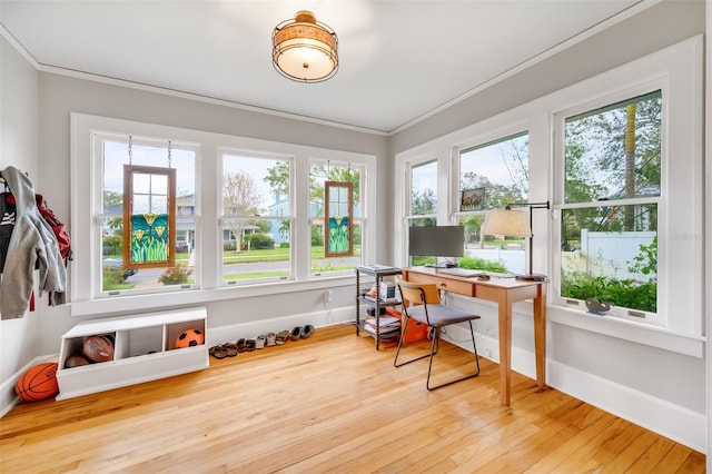 office with baseboards, wood finished floors, and crown molding