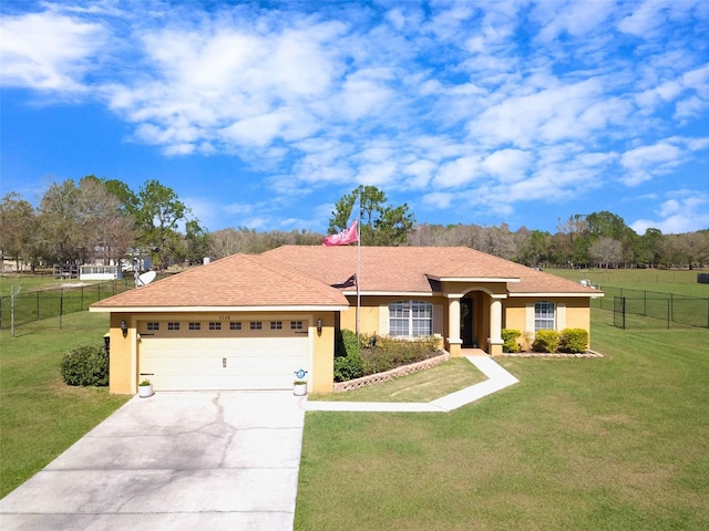 ranch-style home with a front yard, fence, and stucco siding