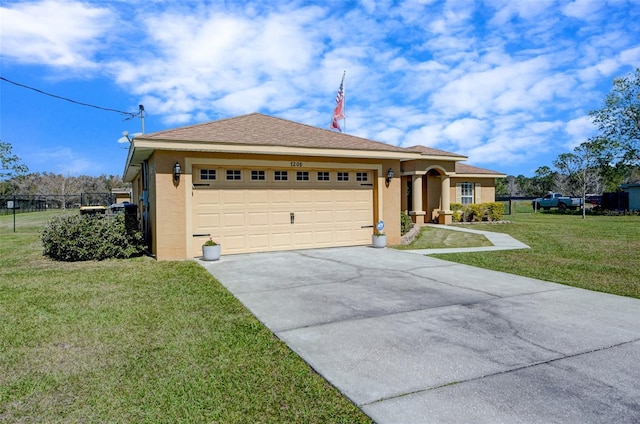 ranch-style home featuring a garage, concrete driveway, a front lawn, and stucco siding