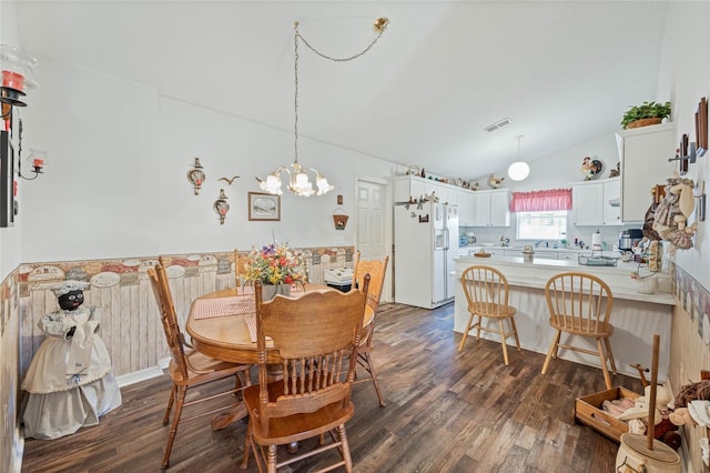 dining area with lofted ceiling, dark wood-style floors, visible vents, and wainscoting