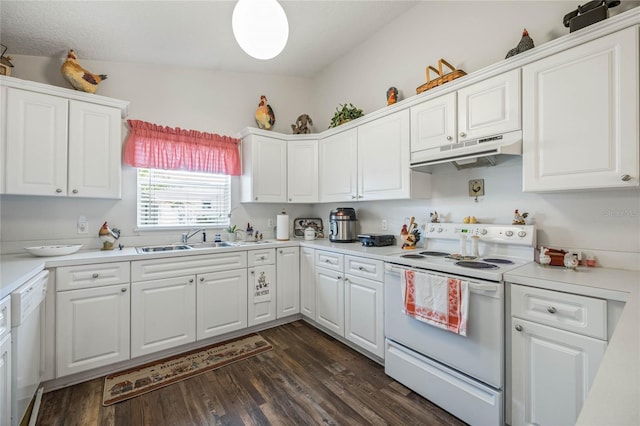 kitchen featuring light countertops, white cabinets, a sink, white appliances, and under cabinet range hood