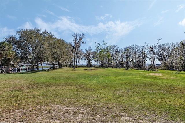 view of home's community with a lawn and a water view