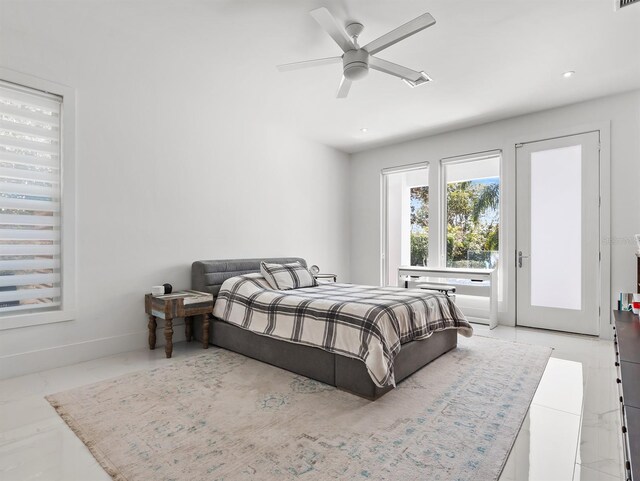 bedroom with baseboards, ceiling fan, marble finish floor, access to exterior, and recessed lighting