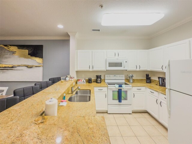 8000 Tuscany Way Unit 4405, Davenport, FL 33896 - kitchen with white appliances, white cabinetry, light tile patterned floors, ornamental molding, and light stone counters