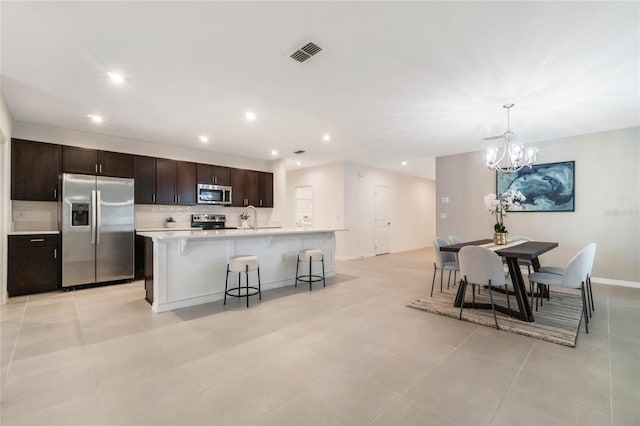 kitchen featuring a kitchen island with sink, stainless steel appliances, visible vents, light countertops, and tasteful backsplash