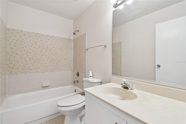 full bathroom with tiled shower / bath combo, vanity, and toilet