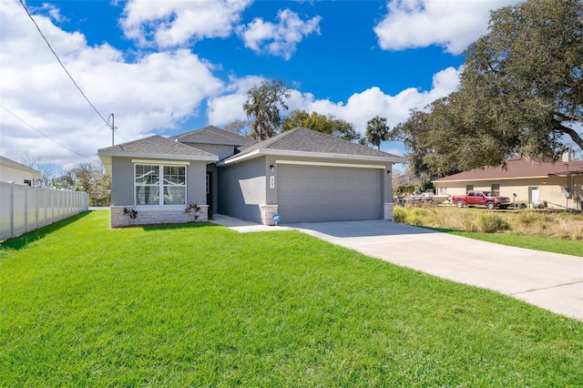 single story home featuring a front lawn and a garage