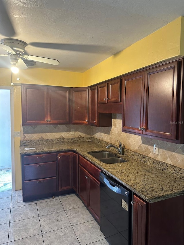 kitchen featuring tasteful backsplash, dishwasher, dark stone counters, and sink