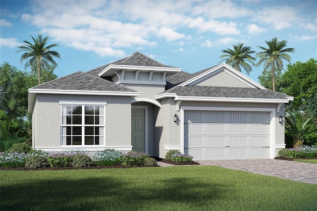 view of front facade featuring a front yard and a garage