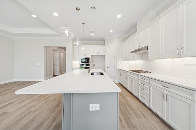 kitchen with appliances with stainless steel finishes, an island with sink, a sink, decorative backsplash, and light wood-type flooring