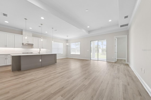 unfurnished living room featuring light wood-style floors, visible vents, and a sink