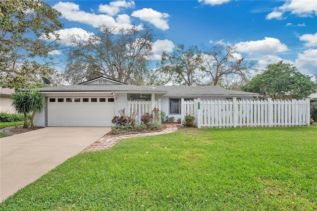 single story home featuring a garage, concrete driveway, a front lawn, and stucco siding