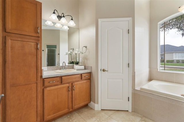 bathroom featuring an enclosed shower, tiled bath, tile patterned flooring, and vanity