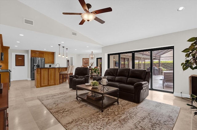 living room featuring ceiling fan, high vaulted ceiling, visible vents, and recessed lighting