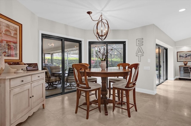 dining area with an inviting chandelier, baseboards, and recessed lighting