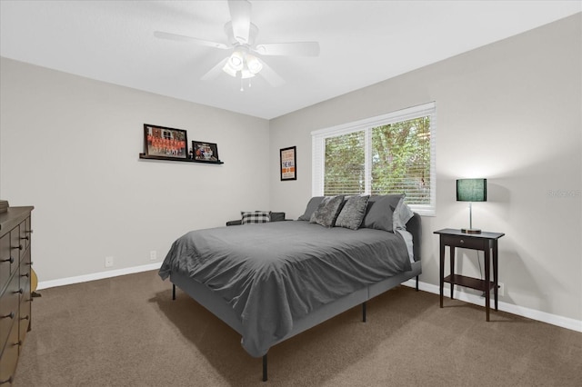 bedroom with dark carpet and baseboards