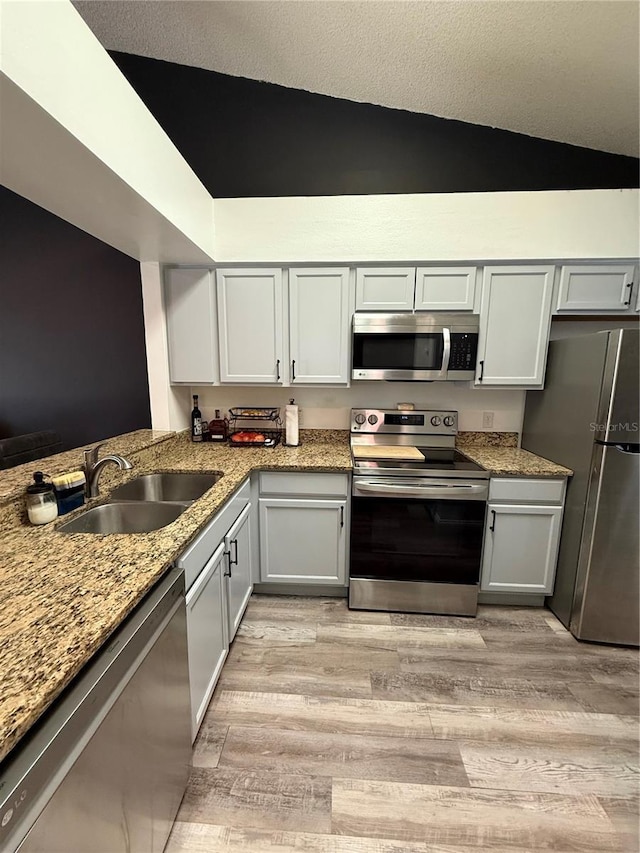 kitchen featuring stainless steel appliances, light wood finished floors, a sink, and light stone countertops