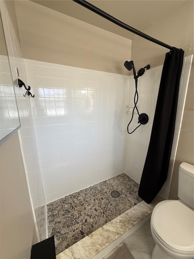 bathroom with a stall shower and toilet