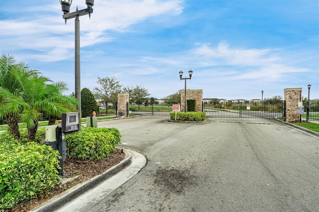 view of road featuring curbs, street lighting, a gated entry, and a gate