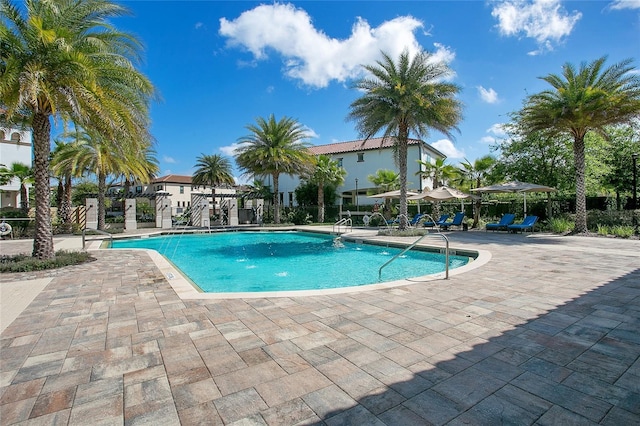 view of swimming pool featuring a patio