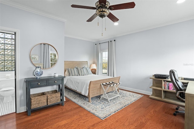 bedroom with recessed lighting, ornamental molding, baseboards, and wood finished floors