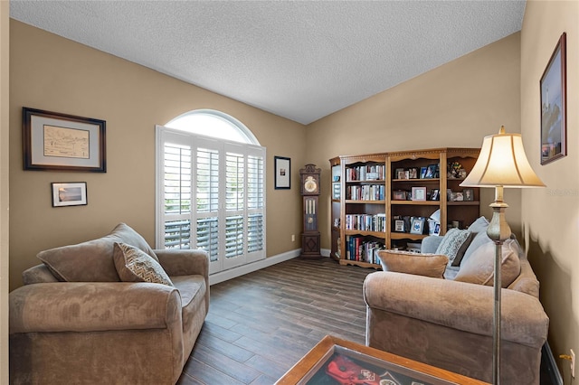 interior space featuring vaulted ceiling, wood finished floors, baseboards, and a textured ceiling