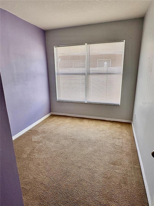 empty room with carpet, a textured ceiling, and baseboards