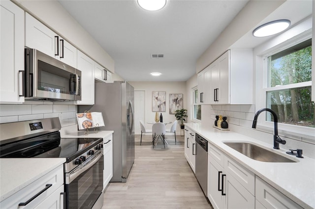 kitchen with appliances with stainless steel finishes, sink, light hardwood / wood-style flooring, white cabinets, and tasteful backsplash