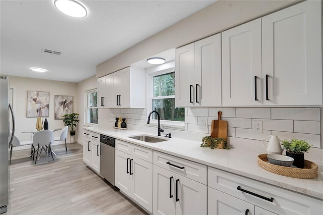 kitchen with appliances with stainless steel finishes, sink, backsplash, light hardwood / wood-style flooring, and white cabinets