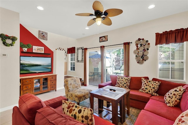 living room with recessed lighting, baseboards, a ceiling fan, and light tile patterned flooring