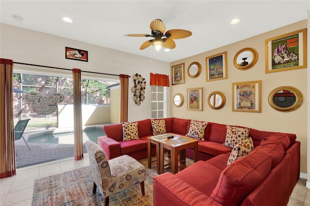 living room with light tile patterned floors, ceiling fan, and recessed lighting