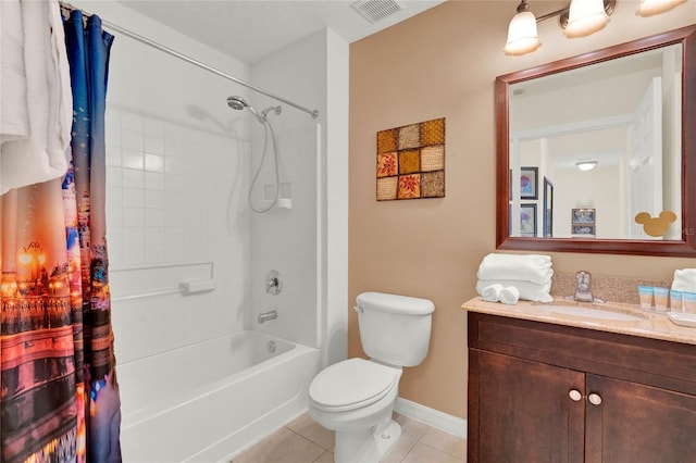 full bathroom with visible vents, toilet, tile patterned floors, shower / bath combo with shower curtain, and vanity